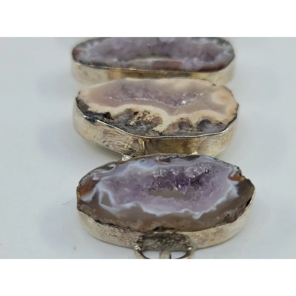 Sterling Silver 925 Purple Natural Geode Crystal Stone Bracelet